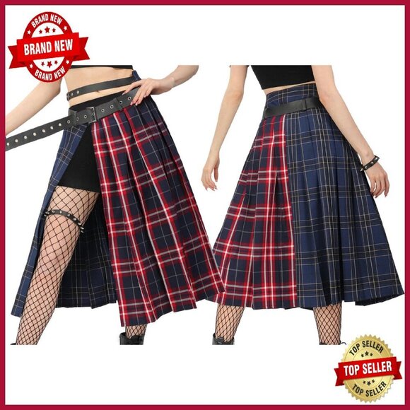 Dresses & Skirts - Plaid Pleated Midi Skirt with Belt, Side Slit, Polyester, US Size